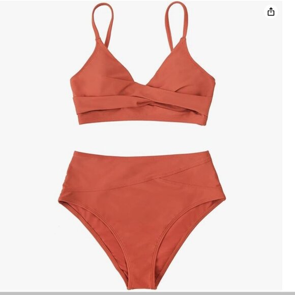 CUPSHE Bikini Two Piece Swimsuit High Waisted V Neck Twist Front - Picture 2 of 11